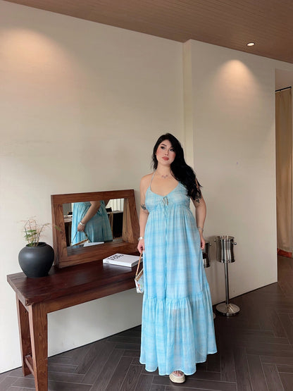 Zllkl Clara Plus Size Plaid Mint Green French V-Neck Slip Spaghetti Strap Long Dress