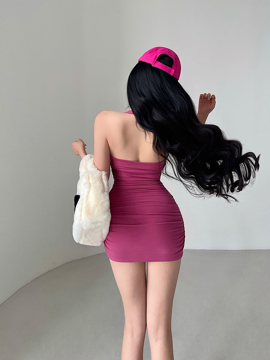 Zllkl Devena Solid Color Pleated Halter Backless Sleeveless Slim Mini Dress