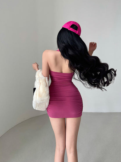 Zllkl Devena Solid Color Pleated Halter Backless Sleeveless Slim Mini Dress