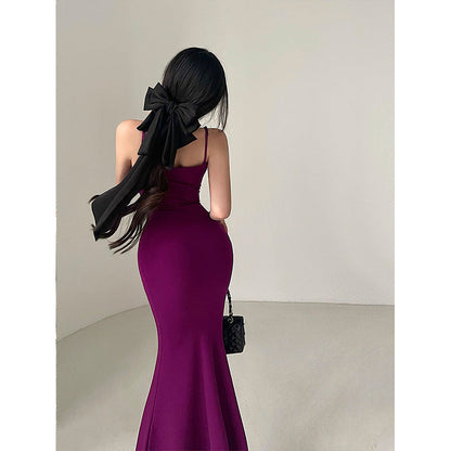 Zllkl Henna Solid Color Pink Spaghetti Straps Slim Fishtail Long Dress