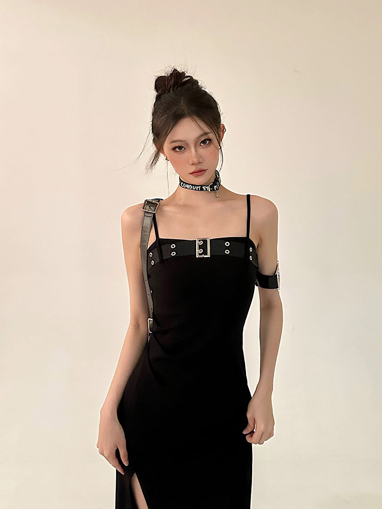Zllkl Azelia Solid Color Black Chest Belt Strap Spaghetti Straps Square Neck Bandeau Side Slit Long Summer Dress
