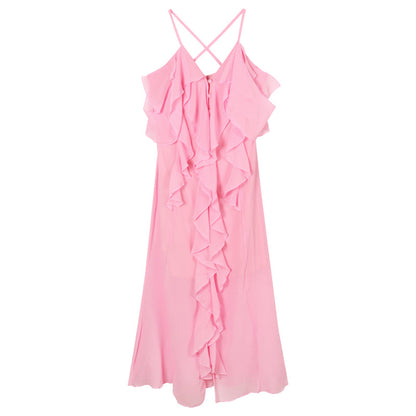 Zllkl Barbra Solid Color Pink Mesh Slip Midi Irregular Ruffled A-line Split Dress