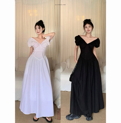 Zllkl Zianna Solid Color French V-neck Puff Short Sleeve Ruffled A-Line Long Maxi Dress