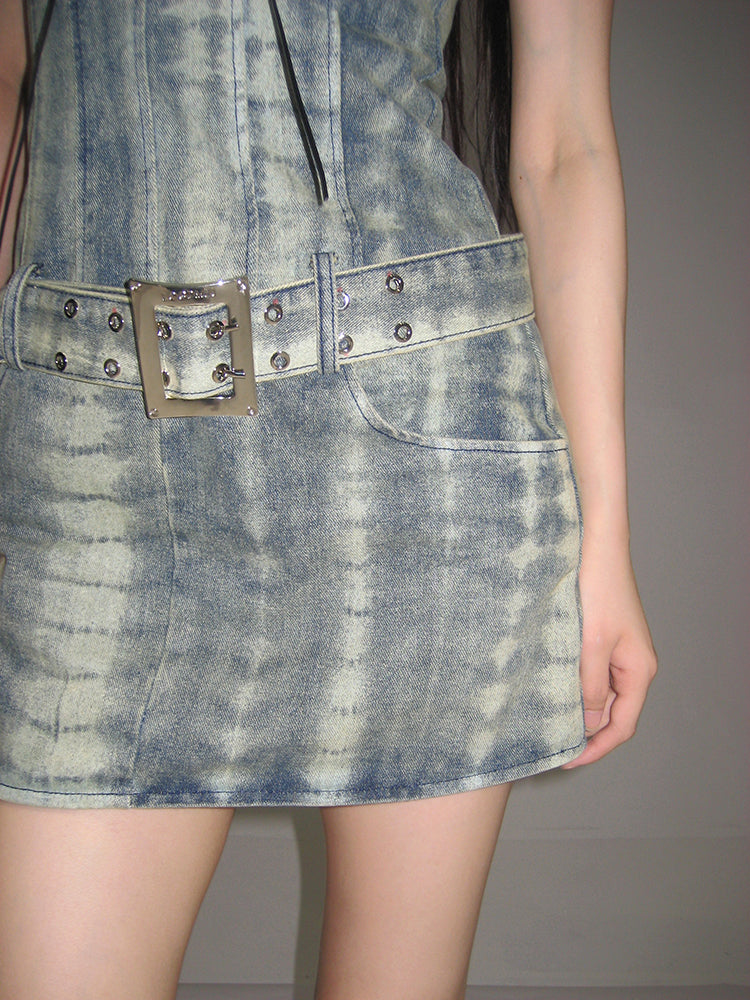 Zllkl Dania Denim Washed Pattern Wide Strap Lace Up Waist Belt Slim Mini Dress