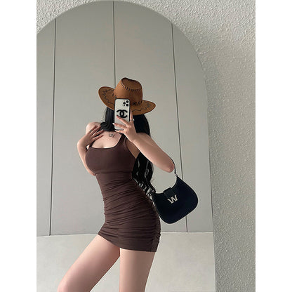 Zllkl Devena Solid Color Pleated Halter Backless Sleeveless Slim Mini Dress