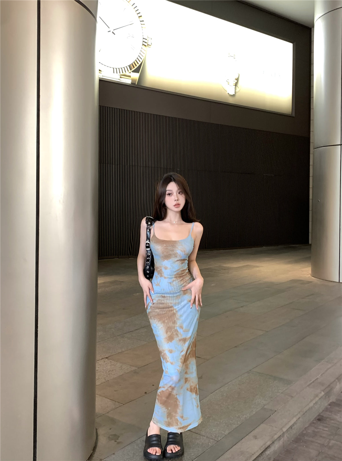 Zllkl Moan Blue & Brown Tie-Dye Spaghetti Strap Slip Slim Long Dress
