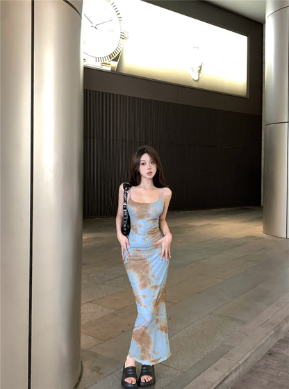 Zllkl Moan Blue & Brown Tie-Dye Spaghetti Strap Slip Slim Long Dress