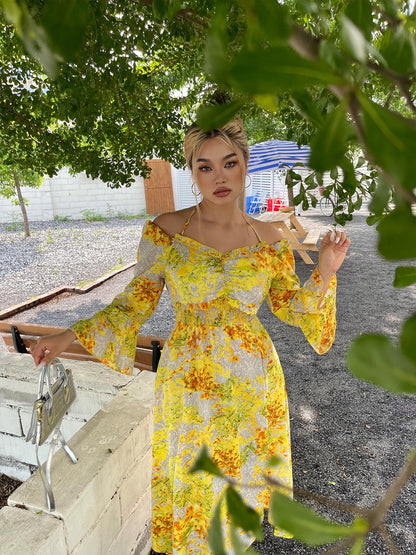 Zllkl Naoum Plus Size Sun Bright Yellow Floral Front Cross V-Neck Short Sleeve Side Slit Long Dress