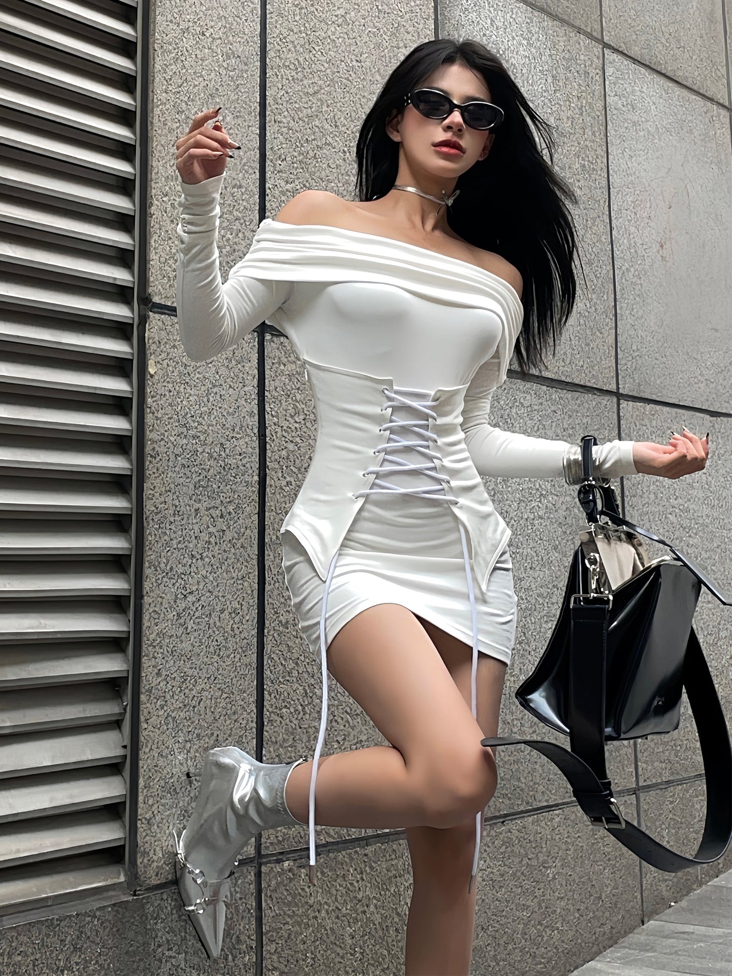 Zllkl Marinda Solid Color White Long Sleeve Off-the-Shoulder Slim Mini Dress + Lace Up Under Bust Corset