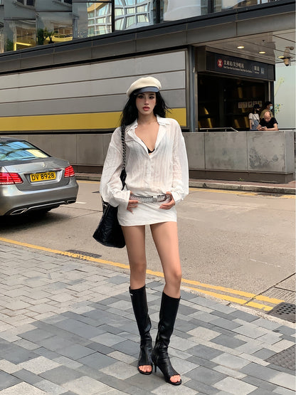 Zllkl Zia Solid Color Strip Long Sleeve Button Up Neck Collar Slim Shirt Dress