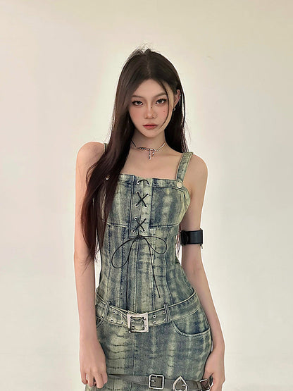 Zllkl Dania Denim Washed Pattern Wide Strap Lace Up Waist Belt Slim Mini Dress