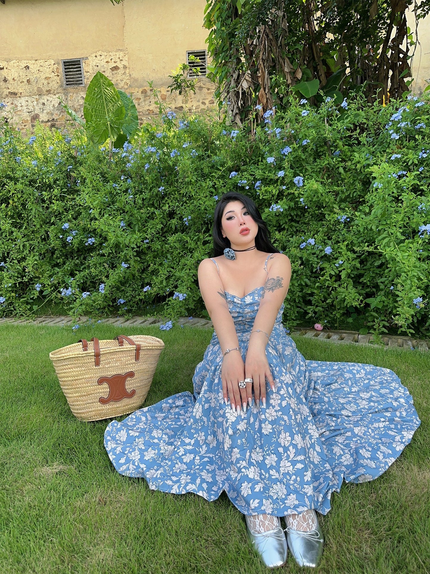 Zllkl Naya Floral Blue Plus Size French Slip A-Line Long Maxi Dress + Long Sleeve Cardigan Set