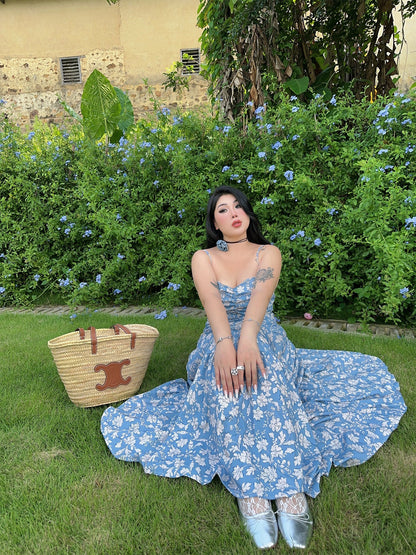 Zllkl Naya Floral Blue Plus Size French Slip A-Line Long Maxi Dress + Long Sleeve Cardigan Set