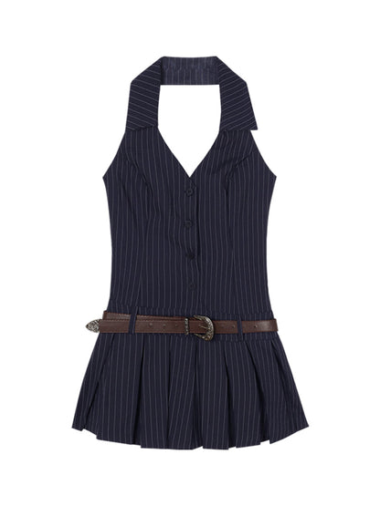 Zllkl Olivia Striped Navy Blue Slim Sleeveless V-neck Halter Neck Waist Belt Pleated A-line Mini Dress