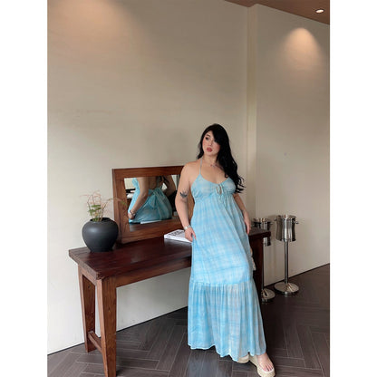 Zllkl Clara Plus Size Plaid Mint Green French V-Neck Slip Spaghetti Strap Long Dress