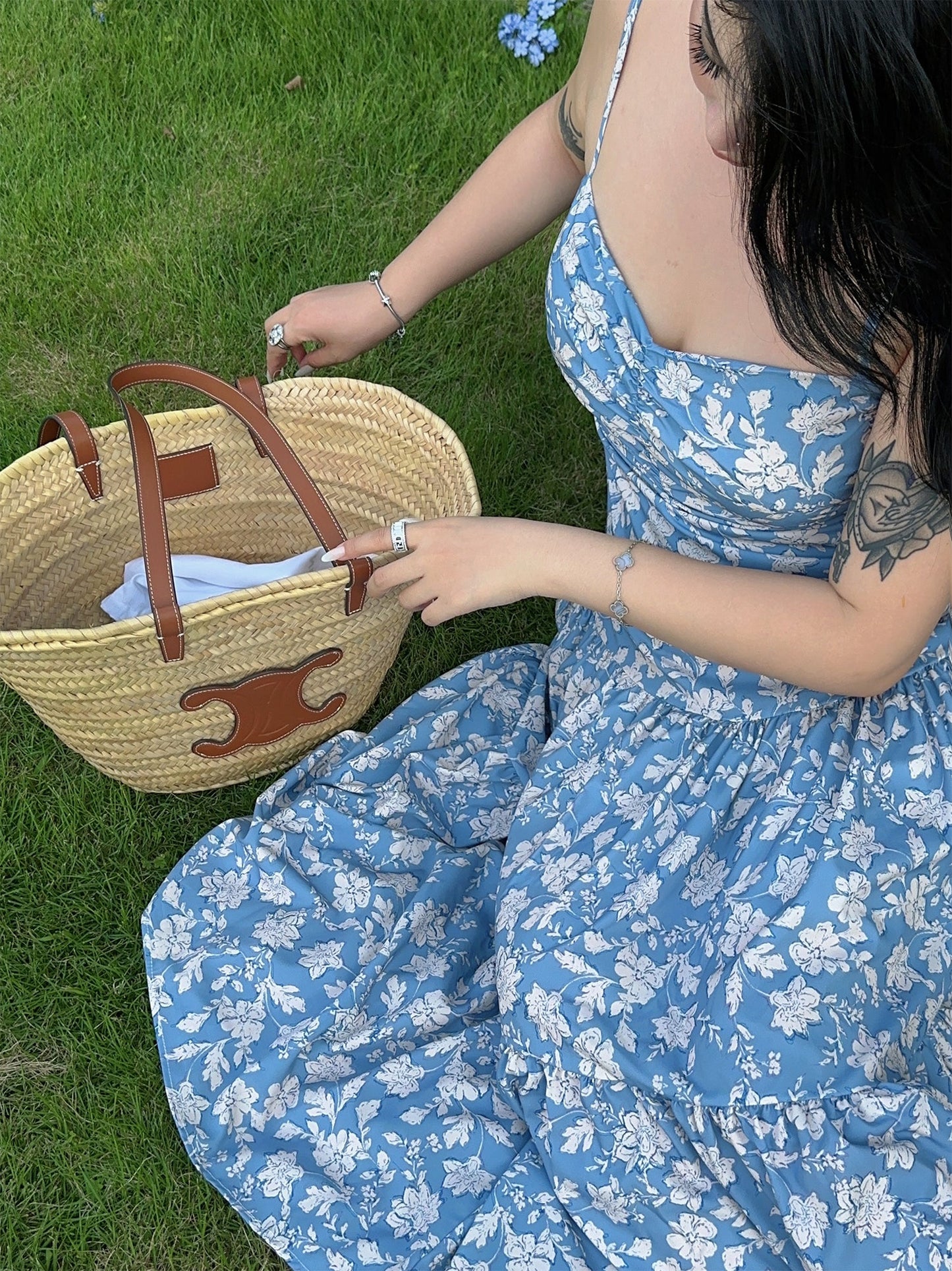 Zllkl Naya Floral Blue Plus Size French Slip A-Line Long Maxi Dress + Long Sleeve Cardigan Set
