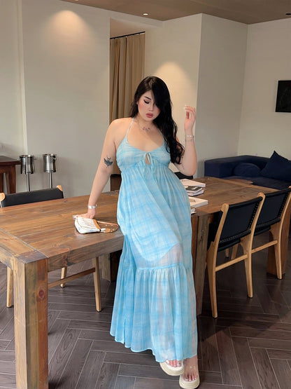 Zllkl Clara Plus Size Plaid Mint Green French V-Neck Slip Spaghetti Strap Long Dress