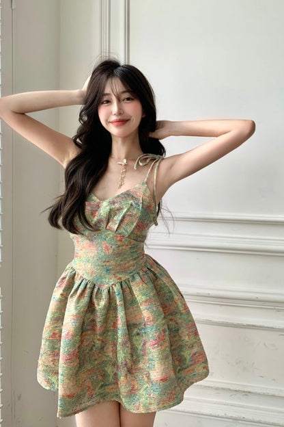 Zllkl Laura Green Floral Slip V-Neck Small Waist Puffy Pleated Mini Dress