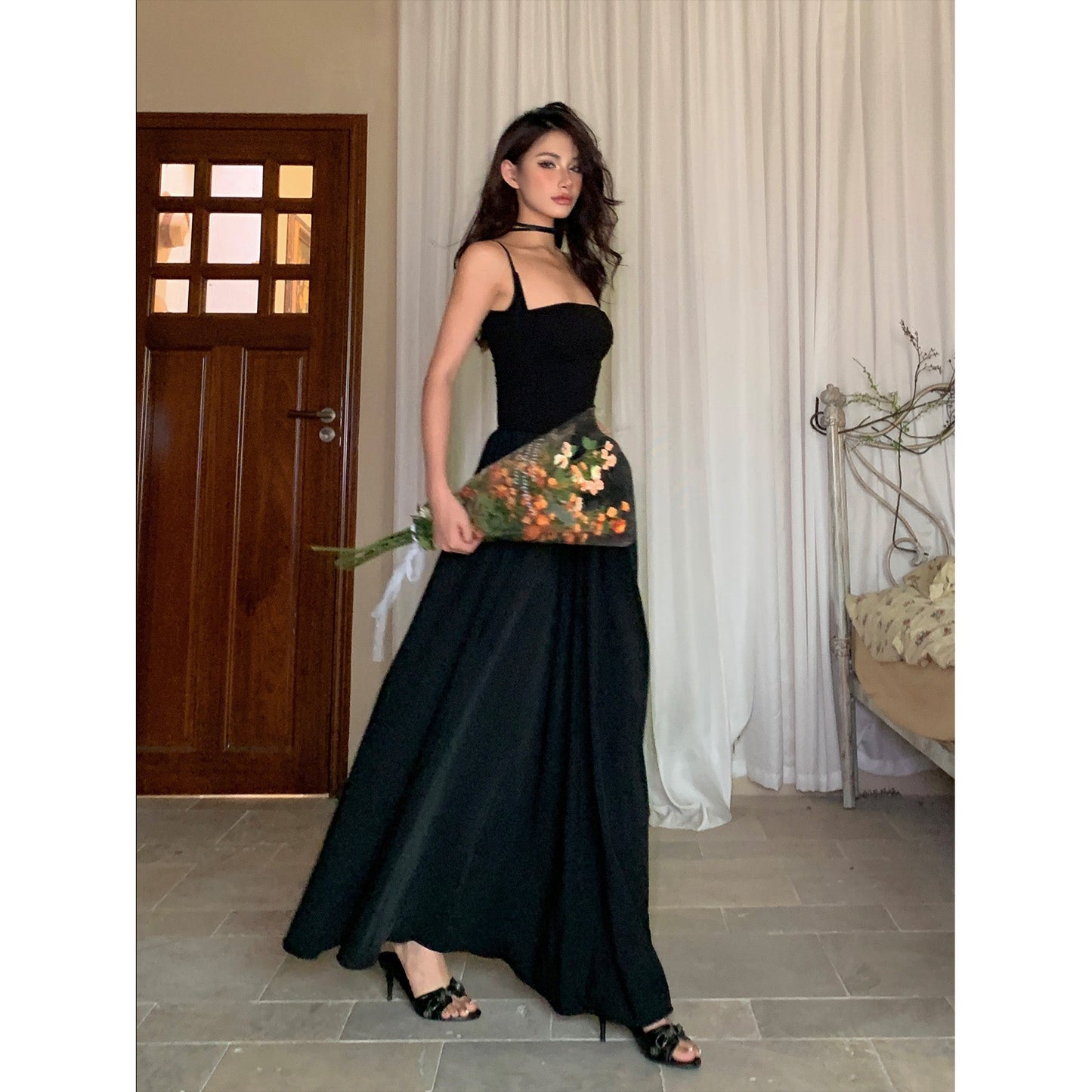 Zllkl Jaidee Solid Color Black Two Piece Spaghetti Strap Bandeau Sleeveless Slim A-Line Long Flowing Midi Dress