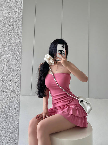 Zllkl Naya Solid Color Slim Folds Bandeau Double Ruffled Layer Mini Dress