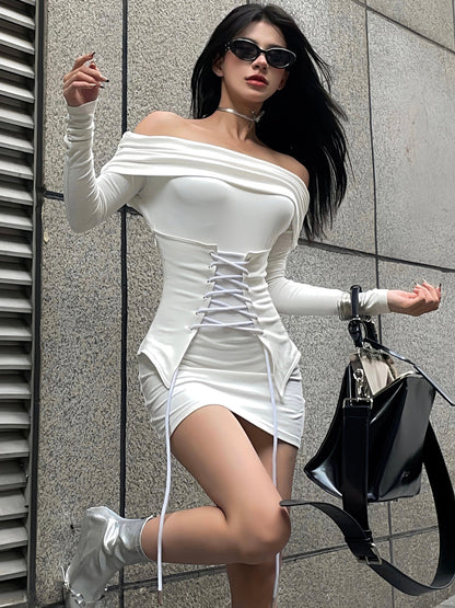 Zllkl Marinda Solid Color White Long Sleeve Off-the-Shoulder Slim Mini Dress + Lace Up Under Bust Corset