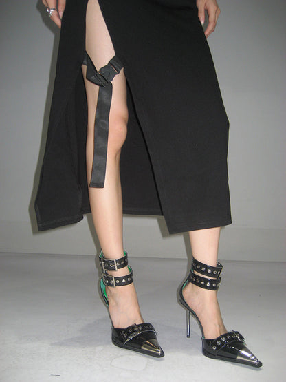 Zllkl Azelia Solid Color Black Chest Belt Strap Spaghetti Straps Square Neck Bandeau Side Slit Long Summer Dress