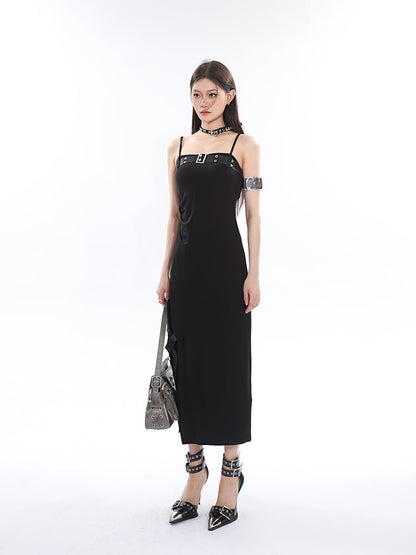 Zllkl Azelia Solid Color Black Chest Belt Strap Spaghetti Straps Square Neck Bandeau Side Slit Long Summer Dress