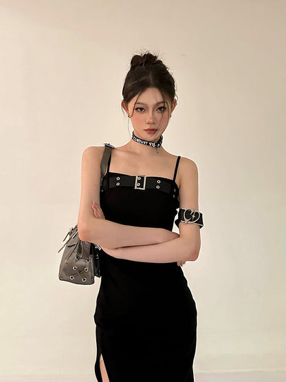 Zllkl Azelia Solid Color Black Chest Belt Strap Spaghetti Straps Square Neck Bandeau Side Slit Long Summer Dress
