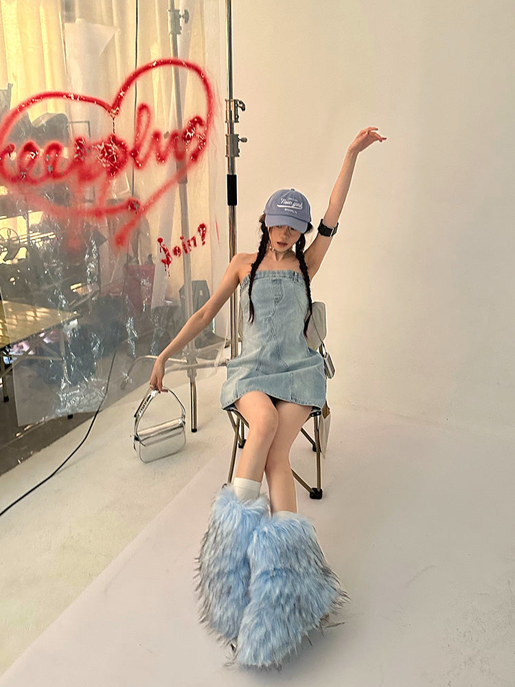 Zllkl Oriel Denim Blue Washed Vintage Sleeveless Bandeau Mini Dress