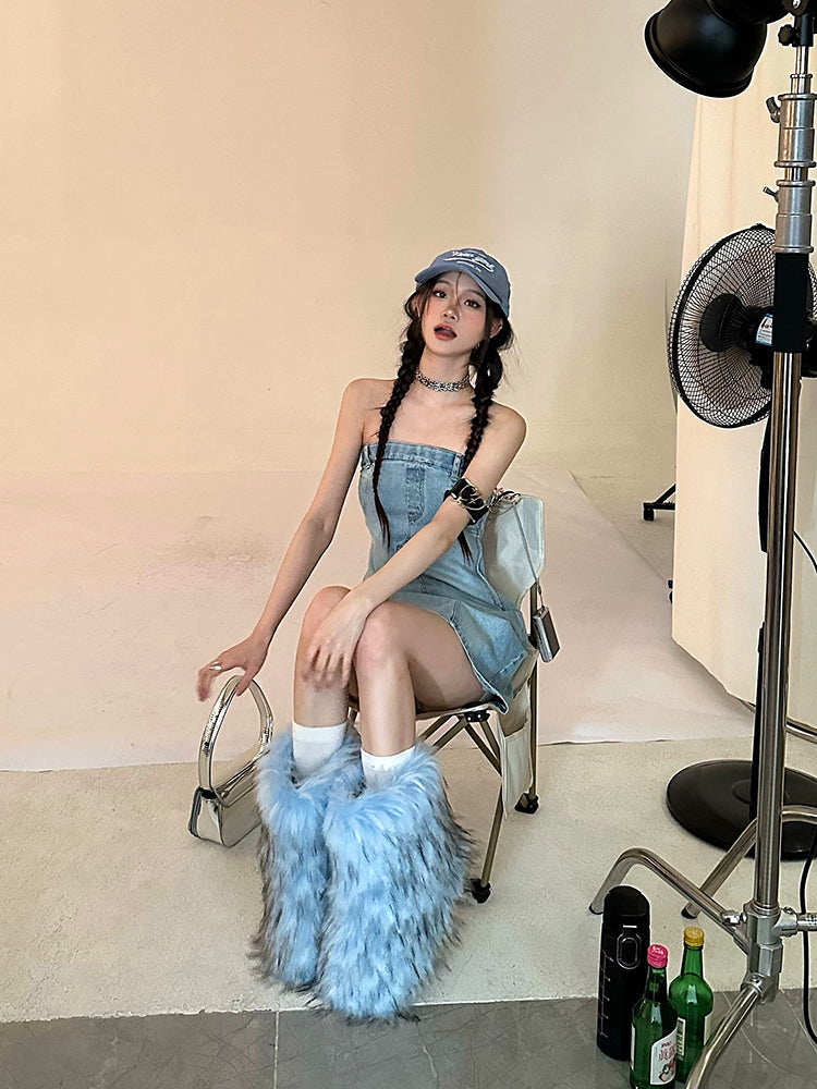 Zllkl Oriel Denim Blue Washed Vintage Sleeveless Bandeau Mini Dress