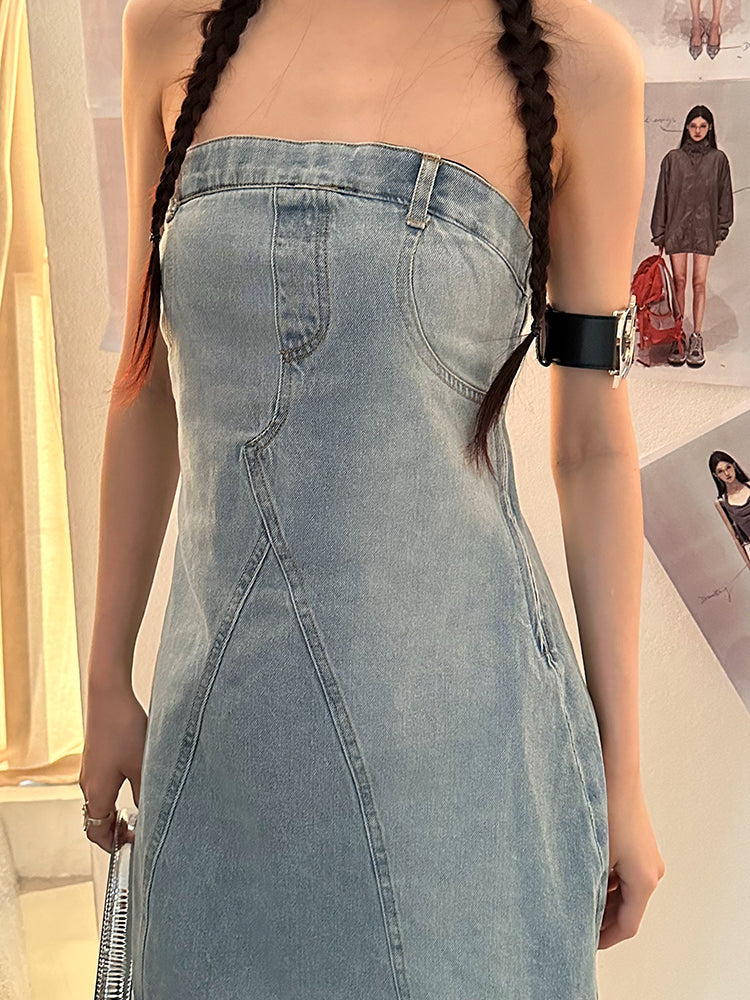 Zllkl Oriel Denim Blue Washed Vintage Sleeveless Bandeau Mini Dress