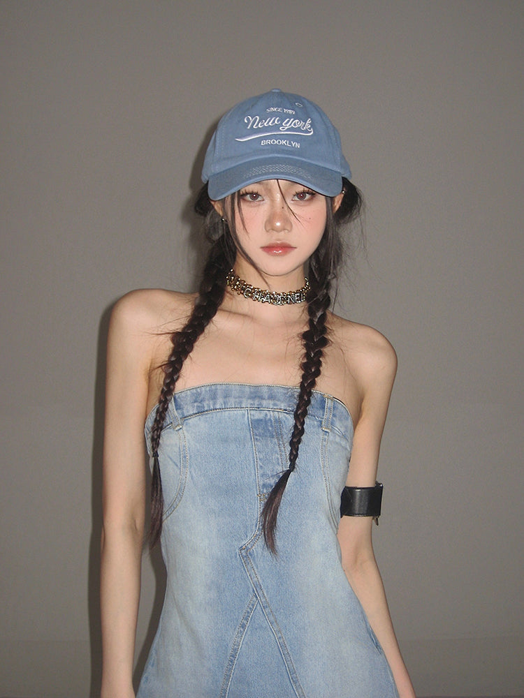 Zllkl Oriel Denim Blue Washed Vintage Sleeveless Bandeau Mini Dress