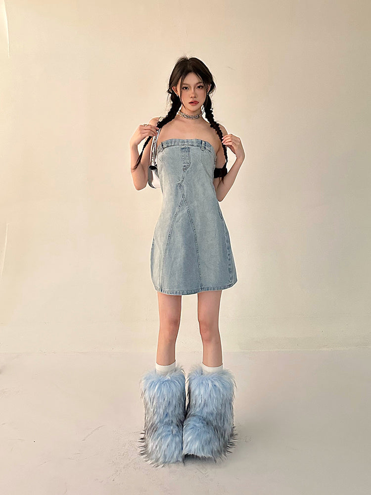 Zllkl Oriel Denim Blue Washed Vintage Sleeveless Bandeau Mini Dress
