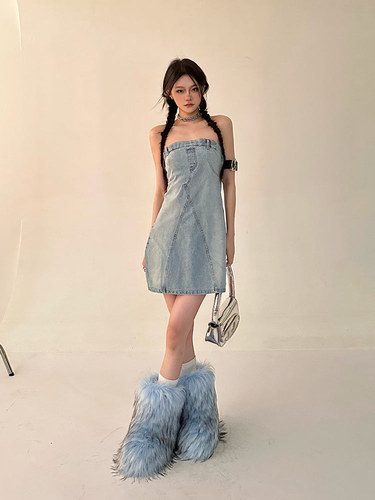 Zllkl Oriel Denim Blue Washed Vintage Sleeveless Bandeau Mini Dress