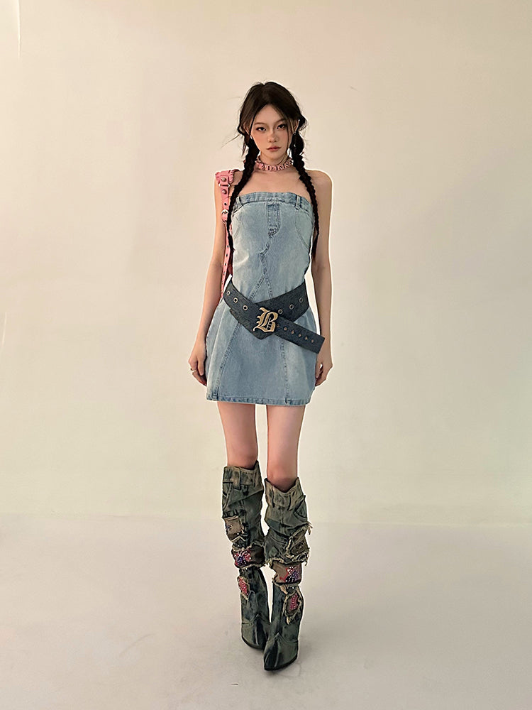 Zllkl Oriel Denim Blue Washed Vintage Sleeveless Bandeau Mini Dress