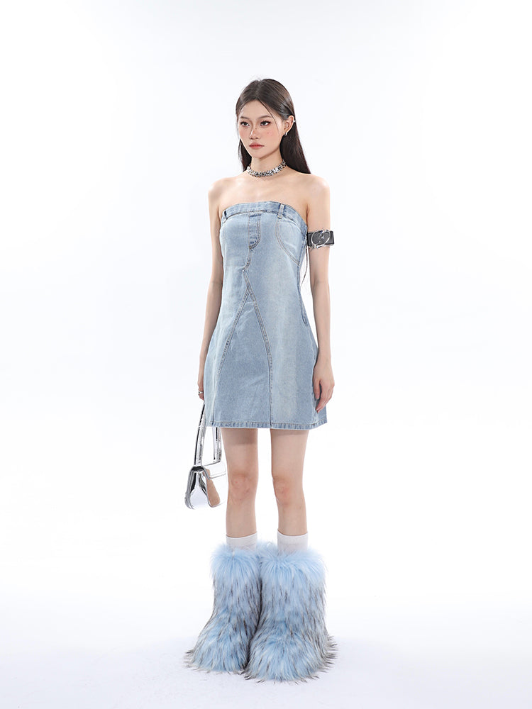 Zllkl Oriel Denim Blue Washed Vintage Sleeveless Bandeau Mini Dress