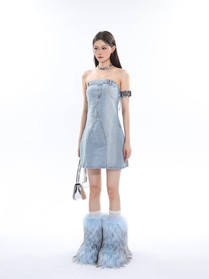 Zllkl Oriel Denim Blue Washed Vintage Sleeveless Bandeau Mini Dress