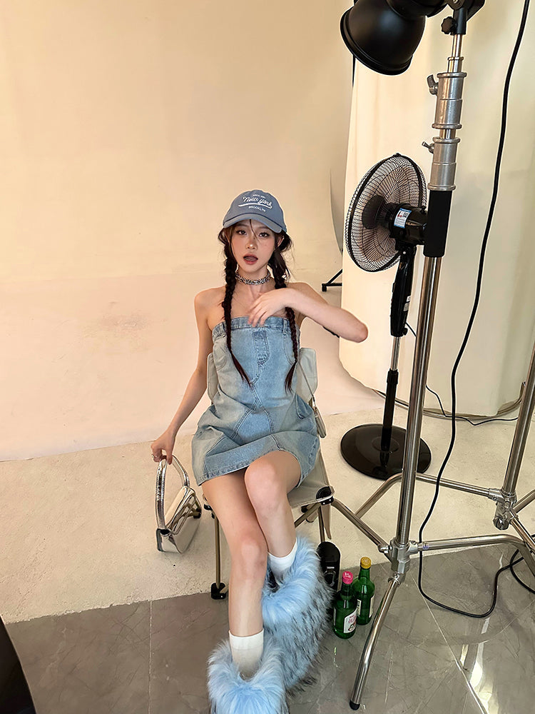 Zllkl Oriel Denim Blue Washed Vintage Sleeveless Bandeau Mini Dress