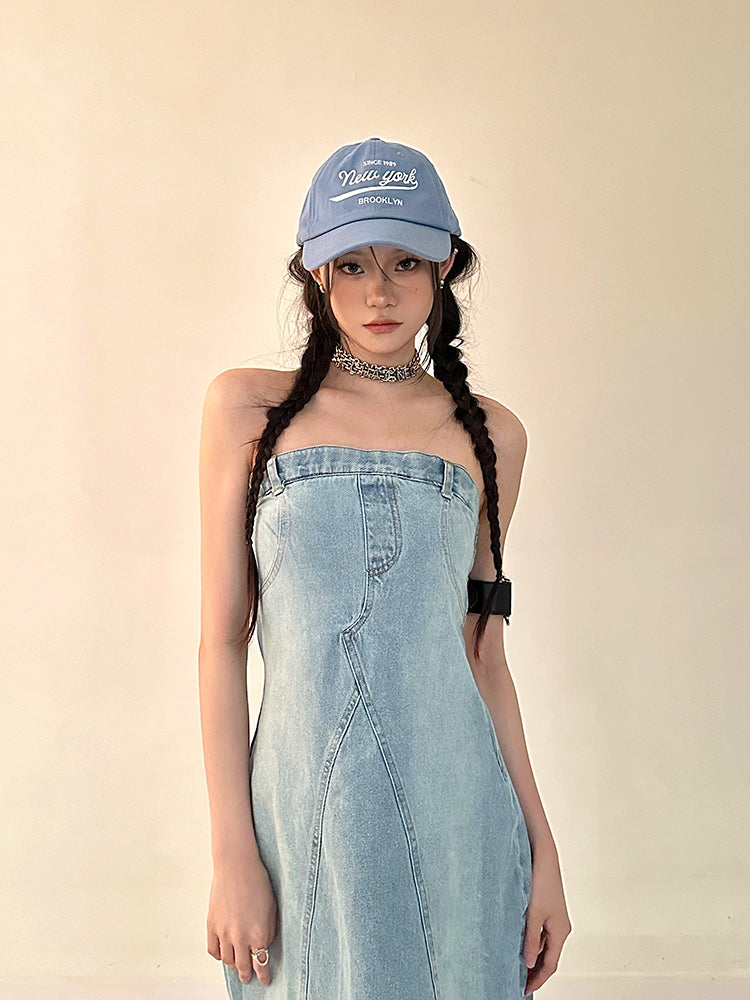 Zllkl Oriel Denim Blue Washed Vintage Sleeveless Bandeau Mini Dress