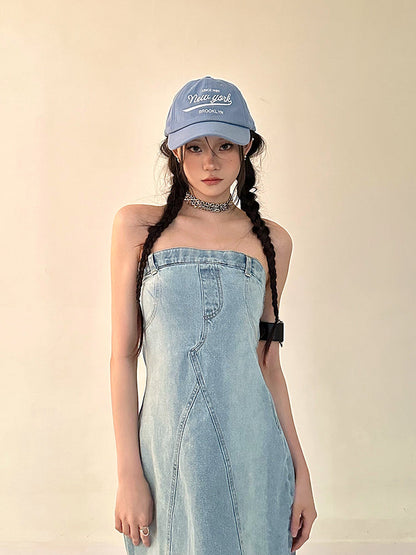 Zllkl Oriel Denim Blue Washed Vintage Sleeveless Bandeau Mini Dress