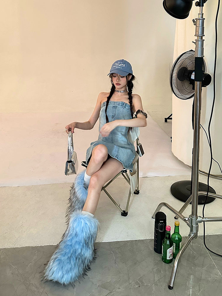 Zllkl Oriel Denim Blue Washed Vintage Sleeveless Bandeau Mini Dress