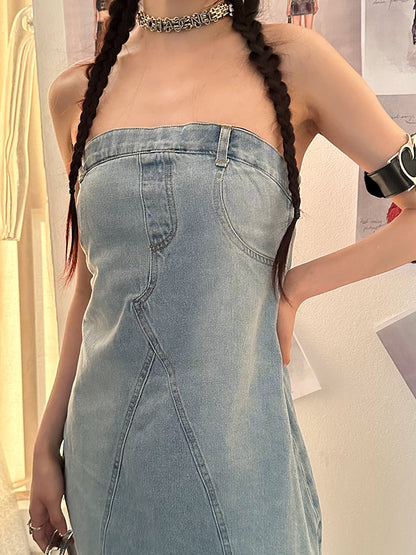 Zllkl Oriel Denim Blue Washed Vintage Sleeveless Bandeau Mini Dress