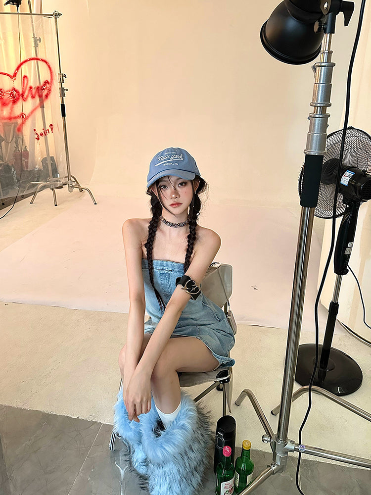 Zllkl Oriel Denim Blue Washed Vintage Sleeveless Bandeau Mini Dress