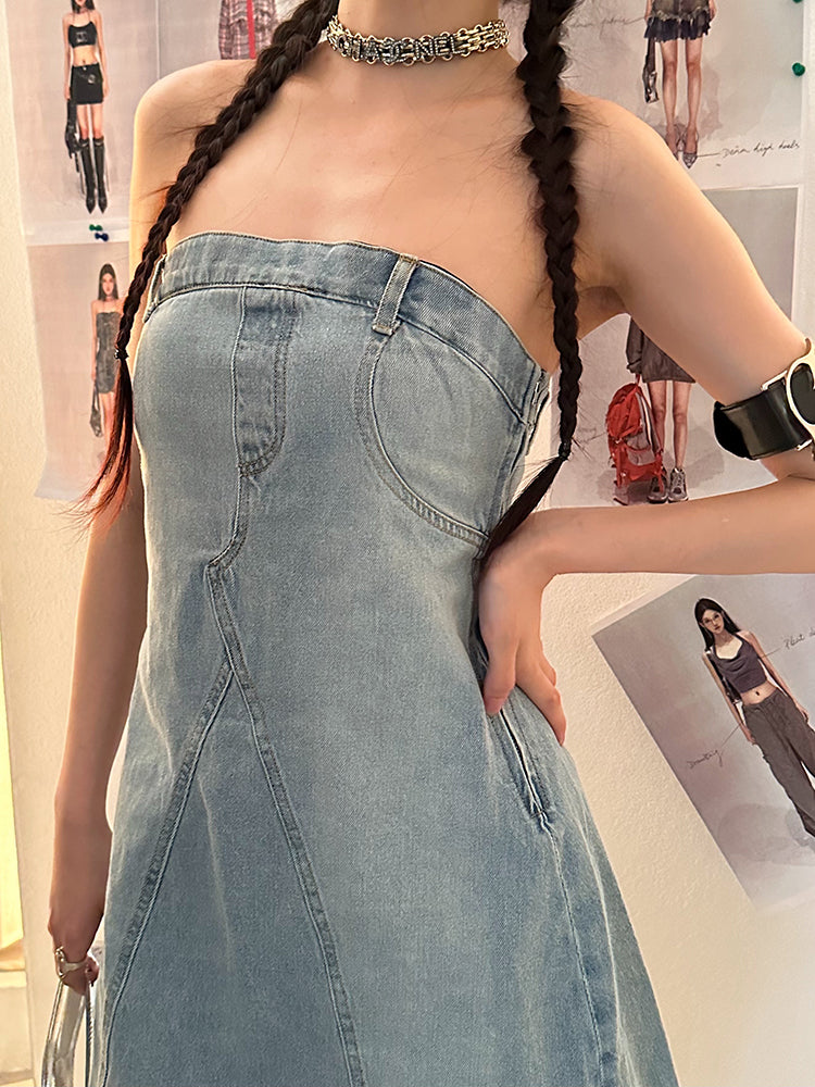 Zllkl Oriel Denim Blue Washed Vintage Sleeveless Bandeau Mini Dress
