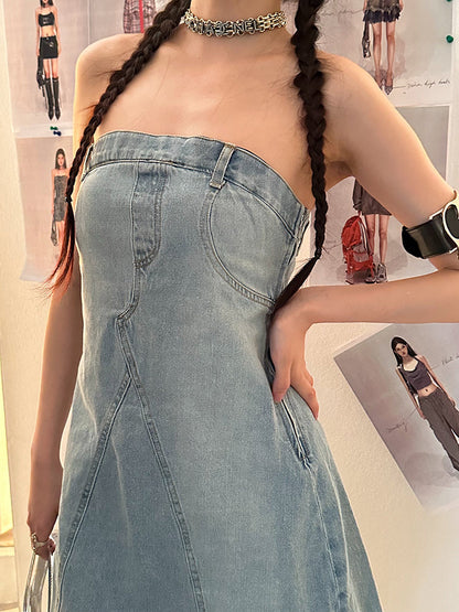 Zllkl Oriel Denim Blue Washed Vintage Sleeveless Bandeau Mini Dress