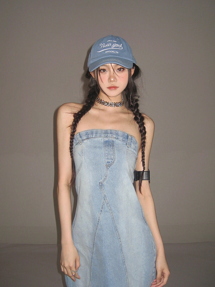 Zllkl Oriel Denim Blue Washed Vintage Sleeveless Bandeau Mini Dress