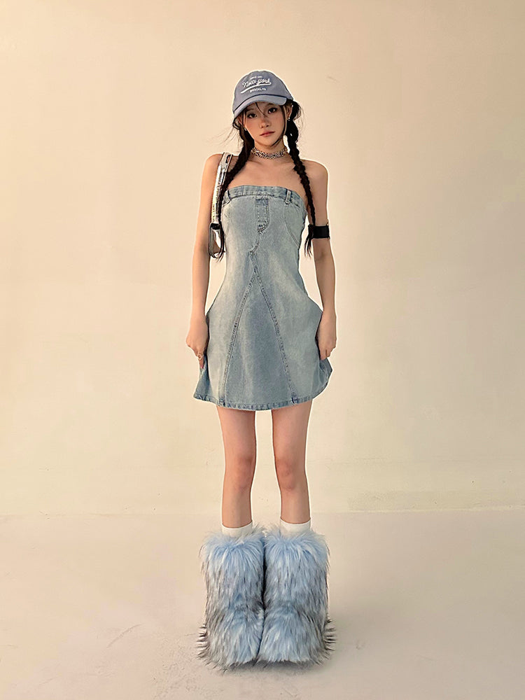Zllkl Oriel Denim Blue Washed Vintage Sleeveless Bandeau Mini Dress