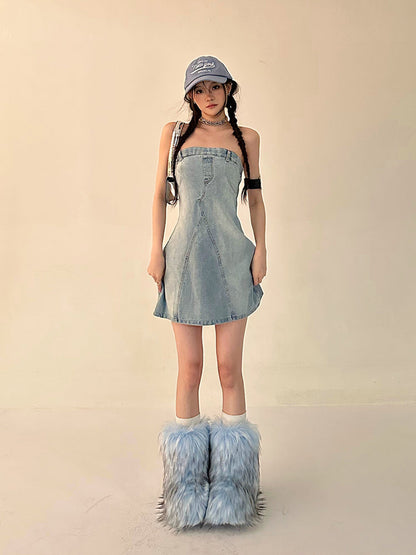 Zllkl Oriel Denim Blue Washed Vintage Sleeveless Bandeau Mini Dress