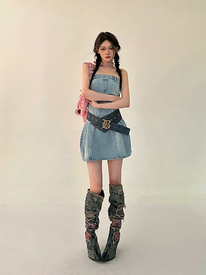 Zllkl Oriel Denim Blue Washed Vintage Sleeveless Bandeau Mini Dress