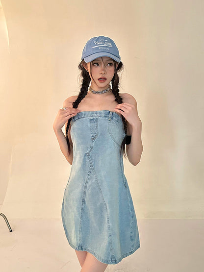 Zllkl Oriel Denim Blue Washed Vintage Sleeveless Bandeau Mini Dress